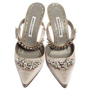 Manolo Blahnik Grey Satin Lurum Crystal Embellished Pointed Toe Sandals